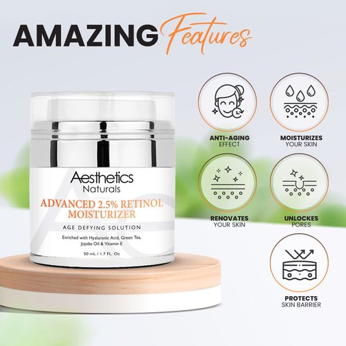 Aesthetics Naturals Retinol Cream - Anti-Aging Face & Neck Moisturizer with 2.5% Retinol, Vitamin E, Green Tea, Hyaluronic Acid, Organic Jojoba Oil, & Shea Butter, Day & Night Anti-Wrinkle Cream 1.7oz