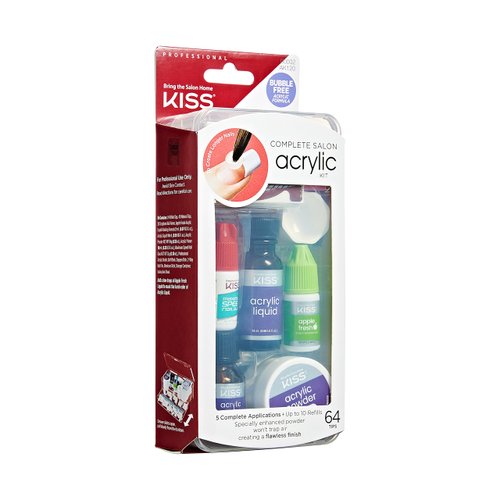 KISS Complete Salon Acrylic Fake Nails Manicure Kit, Acrylic Liquid, Acrylic Primer, Acrylic Powder Clear, Maximum Speed Nail Glue, Masking Formula, & 64 Long Length Bubble Free Acrylic Nails