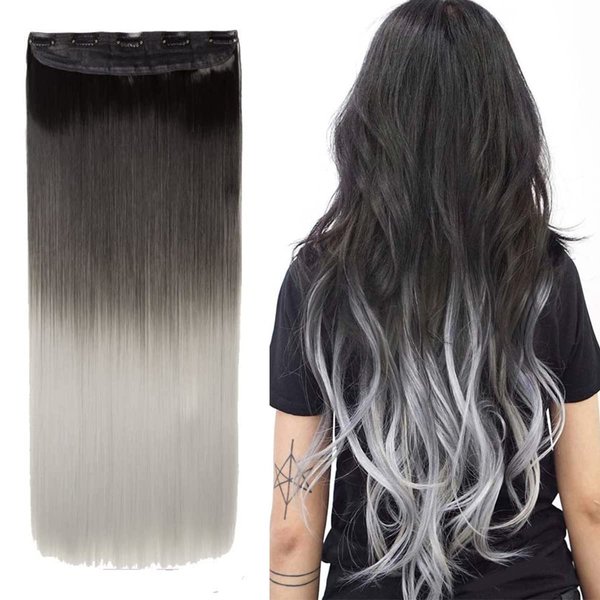 S-noilite Dip Dye Clip in Hair Extensions Ombre Two Color Long Thick Curly Wavy Straight 3/4 Full Head Synthetic Hairpiece Japanese Fiber Trendy Fashion (Dark Black to Silver Grey)