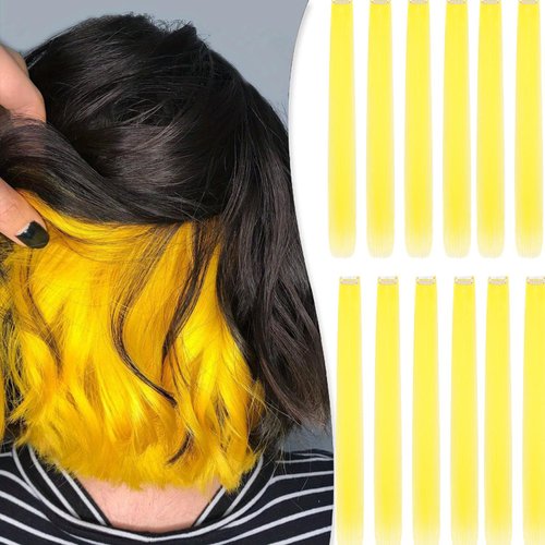 Colored Clip in Hair Extensions 24 Inch Rainbow Hair Synthetic straight Hair Extensions for Women Girls Kids Gift Multi-Colors Party Hairpiece Yellow