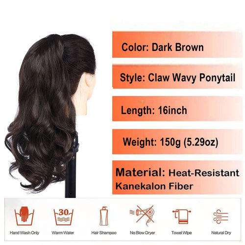 ELIO Ponytail Hair Extensions, 16Inches Long Wavy Ponytail Hairpieces Claws Ponytail Extension Drawstring Ponytail Synthetic Hair Extension Ponytail for Women Girls (Dark Brown)