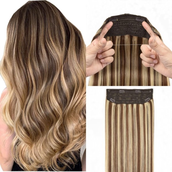 Invisible Wire Extensions Clip in Hair Extensions with Fish Line 20inch Wire Hair Extensions Real Human Hair 100Grams Fish Line Hair Extensions Ombre Highlights Brown to Blonde #4/613