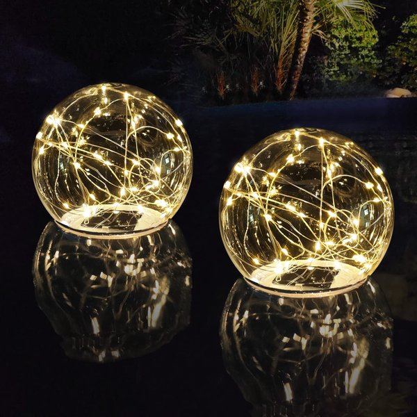 LENONE Solar Floating Pool Lights, Warm White LED Solar Glow Globe Pool Lights That Float, Auto ON/Off Waterproof Pool Floating Lights, 7” Floating Lights for Pool Yard Party Christmas Decor - 2PCS