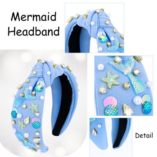 Jaciya Pearl Headband for Girls Rhinestone Headband for Women Wide Knotted Blue Headband for Women Starfish Head Band Mermaid Birthday Party Decorations