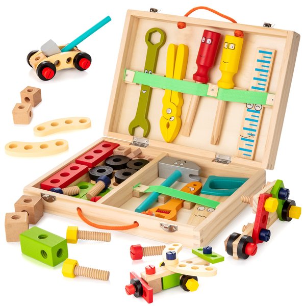 KIDWILL Kids Tool Set with Tool Box & DIY Stickers, Pretend Play STEM Construction Kits for Toddlers 3-5, Montessori Toys for 3 4 5 Year Old, Wooden Play Tools Set, Toddler Boy Toys