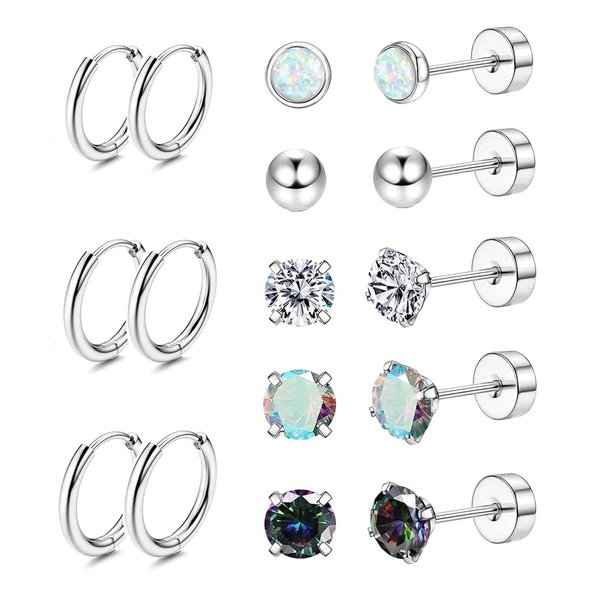 Jstyle Surgical Steel Earrings for Sensitive Ears - Hypoallergenic 20G Stainless Stud and CZ Hoop Earrings for Women and Men - Silver Tone
