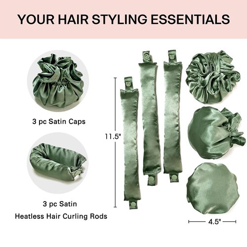 EwiutoijngiQanNew Satin Heatless Hair Curler,Hair Rollers for Heatless Curls with Hair Caps,Soft Heatless Curling Rod Headband for All Hair Types,No Heat Curling to Sleep in Overnight (4-Olive green)