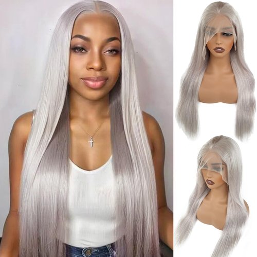 OiMiGO Grey Lace Human Hair Wigs for Women,13X4 HD Transparent Lace Front Human Hair Cut from Young Girl,Straight Lace Wigs Glueless Wig Pre Plucked with Natural Hairline(#Grey,26Inch)