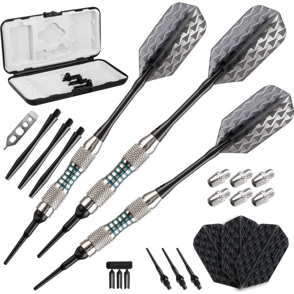 Viper Bobcat Adjustable Weight Soft Tip Darts with Storage/Travel Case: Nickel Silver Plated, Light Blue Rings, 16-18 Grams