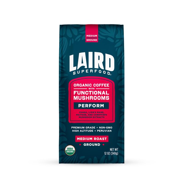 Laird Superfood Peruvian Medium Roast Coffee with Functional Mushrooms, Certified Organic Peruvian Ground Coffee Beans, Gluten-Free, Dairy-Free, Non-GMO, Paleo, Keto Friendly, 12 oz. Bag