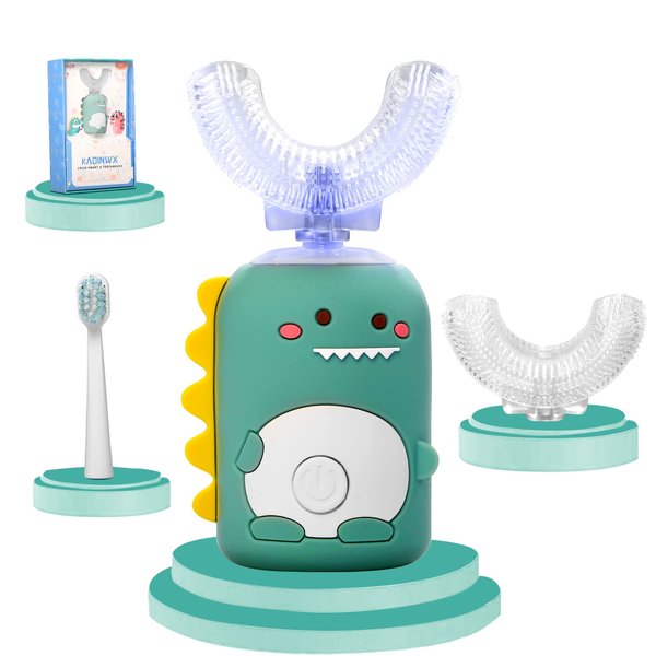 KAQINWX Kids Electric Toothbrushes, U Shaped Ultrasonic Toothbrush, Rechargeable Kids Toothbrush w/Smart Timer, 3 Brush Heads Replacement, 3 Clean Modes, IPX7 Water Resistant for Child 2-12