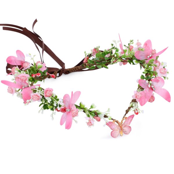 MOSTORY Pink Elf Flower Crown - Handmade Butterfly Fairy Headpiece Floral Circlet Woodland Tiara for Women Girls Spring Wedding Renaissance Fae Ball Party Cosplay