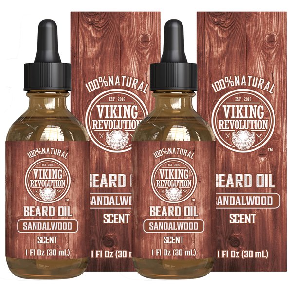 Viking Revolution Sandalwood Beard Oil for Men - Natural Mens Beard Oil with Argan Oil and Jojoba Oil - Beard Softener, Strengthens and Moisturizes - Beard Conditioner for Men (Sandalwood, 2 Pack)