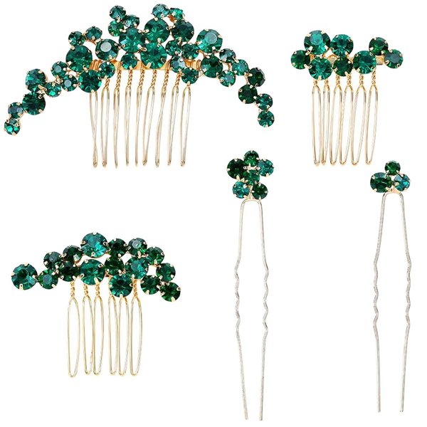 Sparkly Wedding Hair Combs, 5PCS Crystal Flwoer Hair Clips Bride Bridesmaid Hair Sides Comb Rhinestone Barrettes, Crystal Flower Hair Pins Hair Accessories for Women Girls (GreenA)