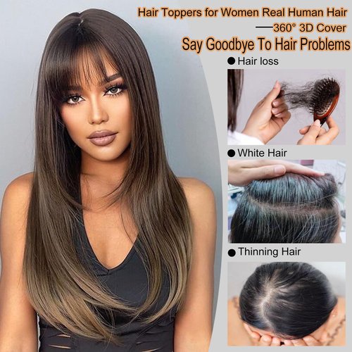 Angels Beauty Hair Toppers for Women Real Human Hair, 360° 3D Cover Side Clip in Bangs, Upgrade Base Human Hair Toppers for Women with Thinning Hair Side Bangs Hair Clip (Natural Black, Side Bangs)