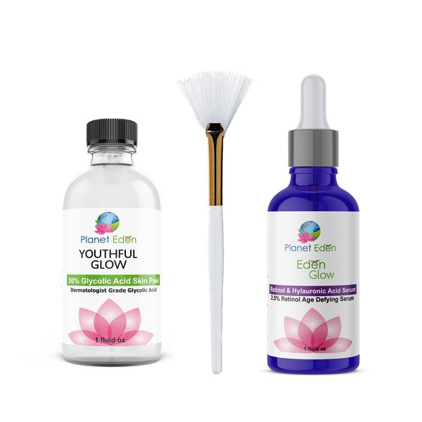 Planet Eden 30% Glycolic Acid Skin Chemical Peel Kit with Hyaluronic Acid and 2.5% Retinol Serum and Fan Brush - Clinical Grade for Dark Spot Correcting, Acne Scars, Wrinkles, Fine Lines, Sun Damaged