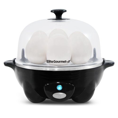 Elite Gourmet EGC-007B# Rapid Egg Cooker, 7 Easy-To-Peel, Hard, Medium, Soft Boiled Eggs, Poacher, Omelet Maker, Auto Shut-Off, Alarm, 16-Recipe Booklet, Black
