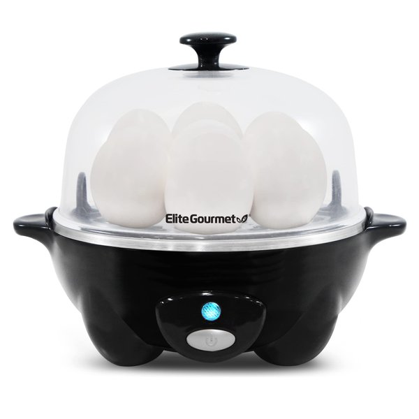 Elite Gourmet EGC-007B# Rapid Egg Cooker, 7 Easy-To-Peel, Hard, Medium, Soft Boiled Eggs, Poacher, Omelet Maker, Auto Shut-Off, Alarm, 16-Recipe Booklet, Black