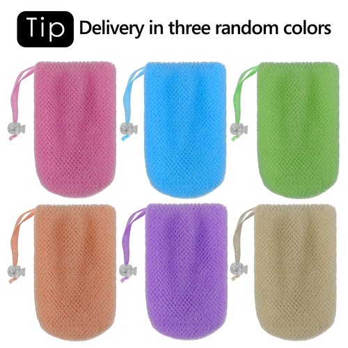 Linkidea 3 Pack Soap Bag, Exfoliating Soap Saver Pouch, Exfoliator Sponge Soap Pocket Drawstring Bags, Body Scrubber for Bath Shower (Three Random Color)