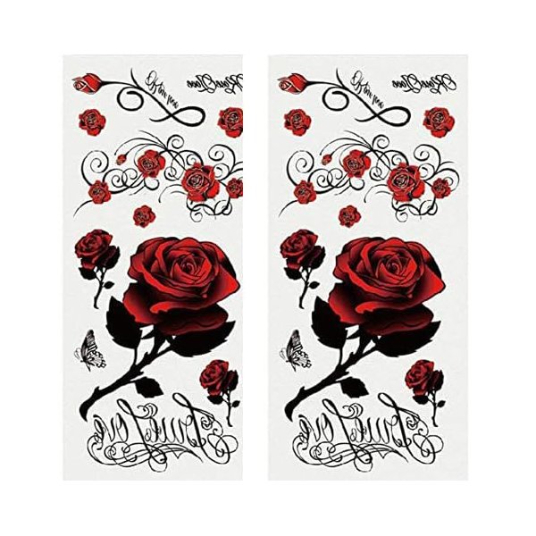 2Pcs Tattoo Stickers,Red Rose Fashion Butterfly Dragon Flower Body Art Temporary,3D Flower Temporary Tattoos,Fake Tattoo Sticker,Decal Clearable Temporary Tattoos