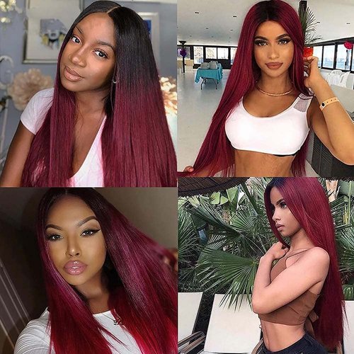 1B99J Ombre Straight Bundles Human Hair Burgundy Straight Human Hair 24 26 28 Inch Brazilian Double Weft Virgin Remy Hair Extensions Red Human Hair Bundles Soft And Healthy For Women