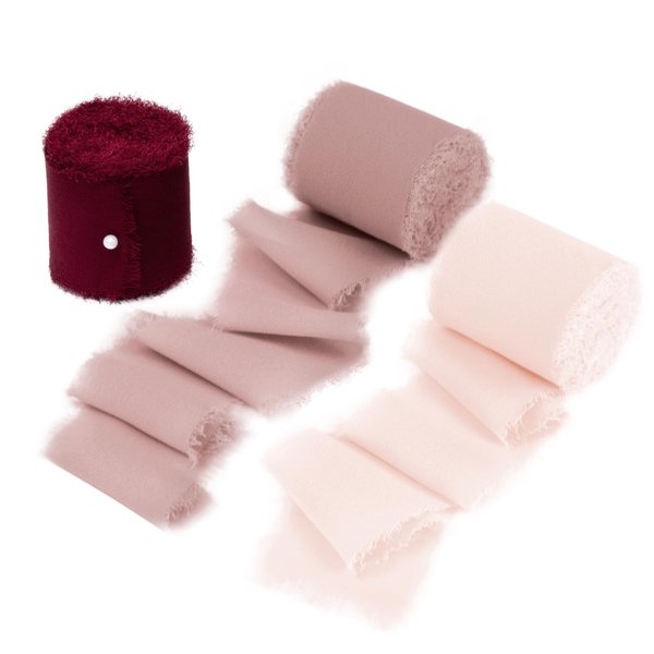 DORIS HOME 3 Rolls 2"x7Yd Fringe Chiffon Ribbon for Flower Bouquet, Handmade Burgundy & Pink Ribbon for Gift Wrapping, Frayed Edge Ribbon for Crafts, Decorating, Bouquet Wrap, Wedding Invitation