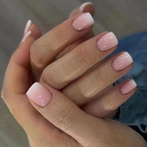 24 Pcs Ombre Pink Press on Nails Short Square - SHANRUN Cute Fake Nails Full Cover False Nails Press ons Nail Tips Art Kit with Glossy Designs Glue on Nails Stick on Nails Acrylic Manicure Women