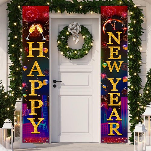 New Years Decorations, Happy New Year Banner 2025, New Years Eve Party Supplies，Happy New Year Backdrop, New Years Eve Banners, Front Porch Sign Door Banner, NYE Party Supplies Decoration 2025