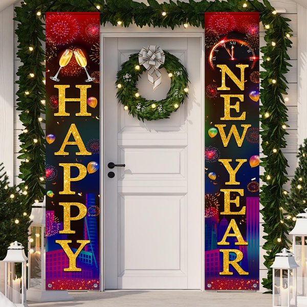 New Years Decorations, Happy New Year Banner 2025, New Years Eve Party Supplies，Happy New Year Backdrop, New Years Eve Banners, Front Porch Sign Door Banner, NYE Party Supplies Decoration 2025