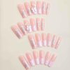 Foccna Pink Press on Nails Long,3D Pearl Fake Nails Square Bling Glossy Rhinestone False Nail Tips Artificial Nails for Women and Girls-24pcs