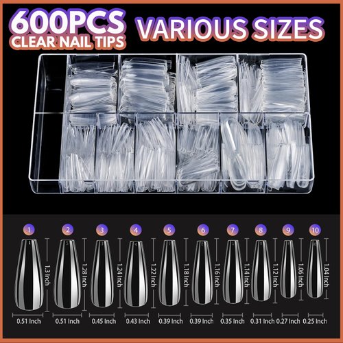 Teenitor Clear Coffin Nail Tips Set, Long Acrylic Nail Tip Full Cover Clear Press On Nails, 600pcs Ballerina False Nails Tips With Nail Glue, Acrylic Nail Clipper Files And Buffer Polisher