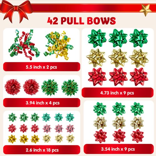 JOYIN 42 Pcs Gift Bows Assortment for Christmas with 36 Multi-Colored Assorted Size Self Adhesive Gift Bows, 4 Tinsel Bows and 2 Curly Bows for Gift Wrapping, Christmas Wrapping Ribbon (3 Sizes)