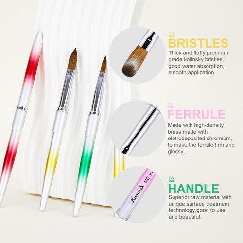 KEMEISI 3PCS Acrylic Nail Brush Set, Size 06/10/14 Kolinsky Nail Art Brushes for Acrylic Application, Sturdy Handle Oval Shaped Acrylic Powder Nail Design Tools for Professional Manicure DIY Home