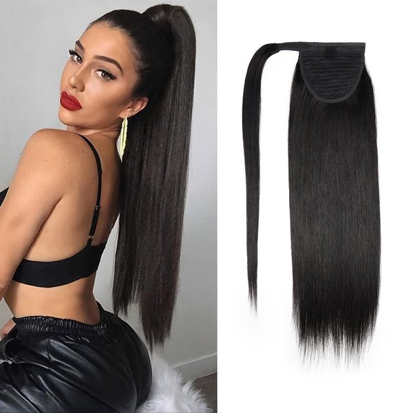 JIAMEISI Ponytail Extension Human Hair Wrap Around Clip in Hair Piece Ponytail Extension Human Hair Straight Ponytail For Black Women with Magic Paste 70G(16 inch, Natural Black #1B)