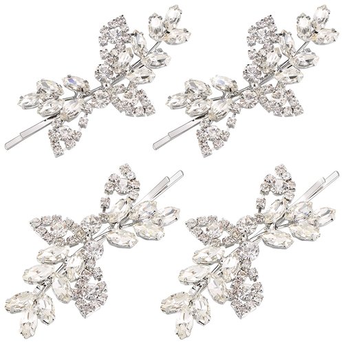 4 Pieces Rhinestone Bridal Hair Clip Leaf Wedding Hairpin Bride Pearl Crystal Hair Clips Rhinestone Barrette Elegant Bridal Hairpins Hair Accessories for Women Girls(Silver,Rhinestone Style)