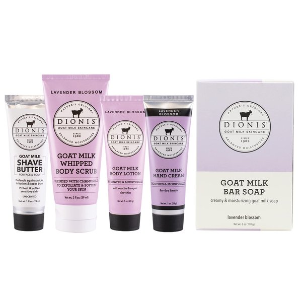 Dionis Goat Milk Skincare Lavender Blossom 6 Pc Self Care Essentials Travel Set - Bar Soap, Shave Butter, Hand Cream, Body Lotion & Whipped Sugar Body Scrub In Resealable Leak Resistant Carrying Case