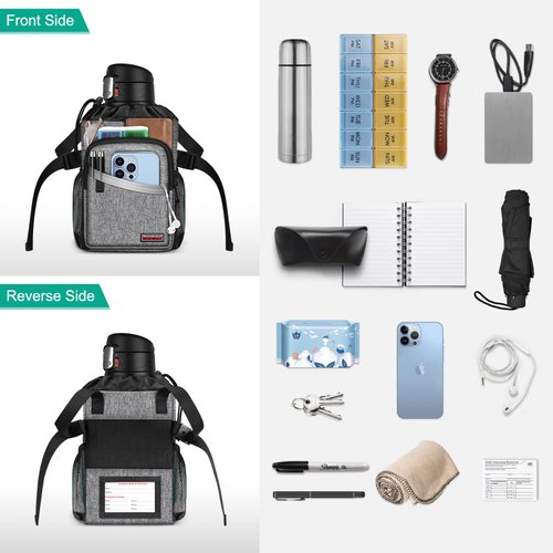 FINPAC Crutch Accessories Bag, Water-Resistant Storage Organizer Tote Bag with Drink Holder and Zipper Pouch for Crutches, Underarm Crutches Attachment - Gray