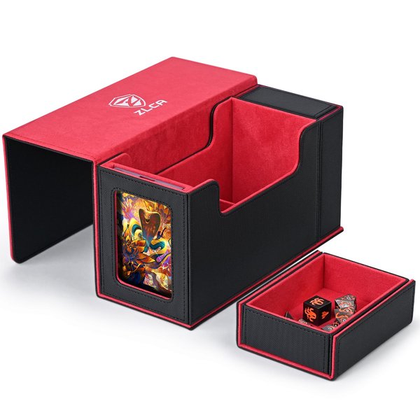 ZLCA Card Deck Box with Display Window,MTG Commander Deck Box Fits 200 Double-Sleeved Cards with Dice Tray & 35pt Magnetic Card Holder-Black&Red