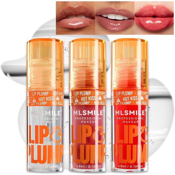 Wugbc Lip Plumper Gloss 3 Colors, Plumping Lip Oil for Women Makeup, Clear Tinted Lip Glaze Filler Stain, Hydrating, Nourishing Liquid Lipstick Balm Fuller Glossy Finish Natural Smooth Lips Wrinkles