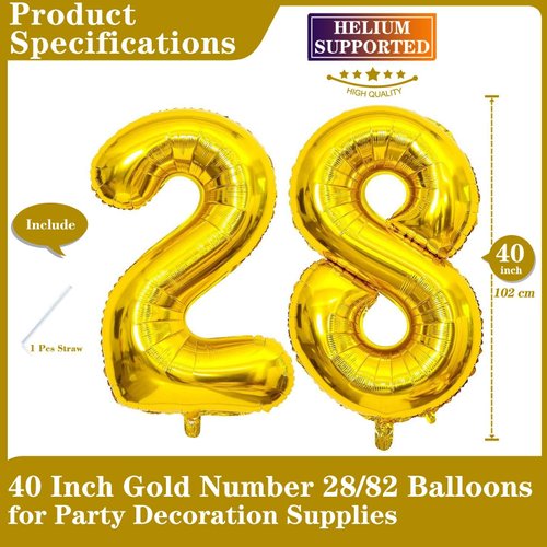Gold 28 Number Balloons, 40 Inch Giant Number 28 Balloons Foil Mylar Helium Gold Number Balloons for 28th Birthday Party Supplies Anniversary Event Celebration Decorations