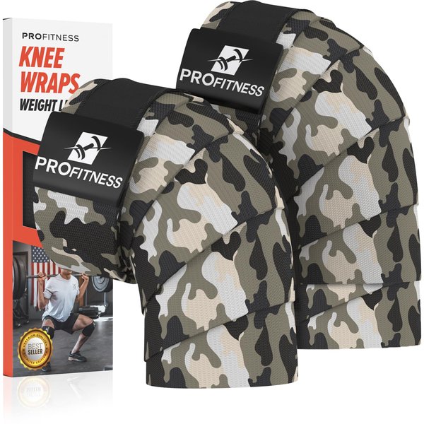 ProFitness Weightlifting Knee Wraps (Pair) – Adjustable Compression Sleeves for Cross Training, Squats, Powerlifting, Weightlifting – Improved Gym Workout Strength & Stability – Unisex (Gray Camo)