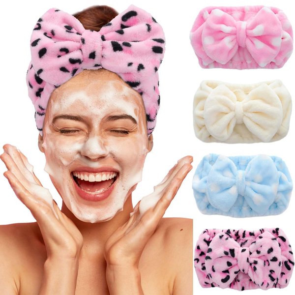 Acenail Spa Headband for Washing Face Makeup Headbands Bow Extra Wide Hairbands Face Wash Head Band Bowknot Skincare Hair Bands Coral Fleece Hairband Shower Facial Head Wraps for Women Girls 4Pcs (A)
