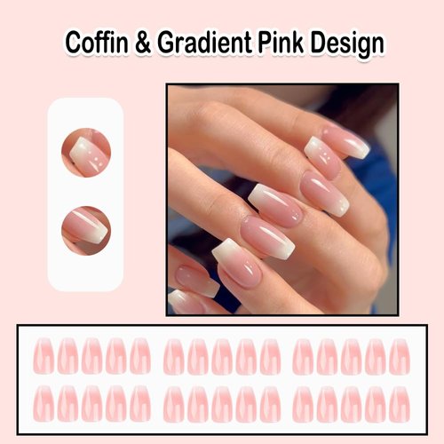 ANDGING French Tip Press on Nails White Coffin Short Ombre Fake Nails with Gradient Pink Design Acrylic Gel Glue on Nails for Women False Nails with Glue Stick on Nails for Wedding Birthday 24Pcs