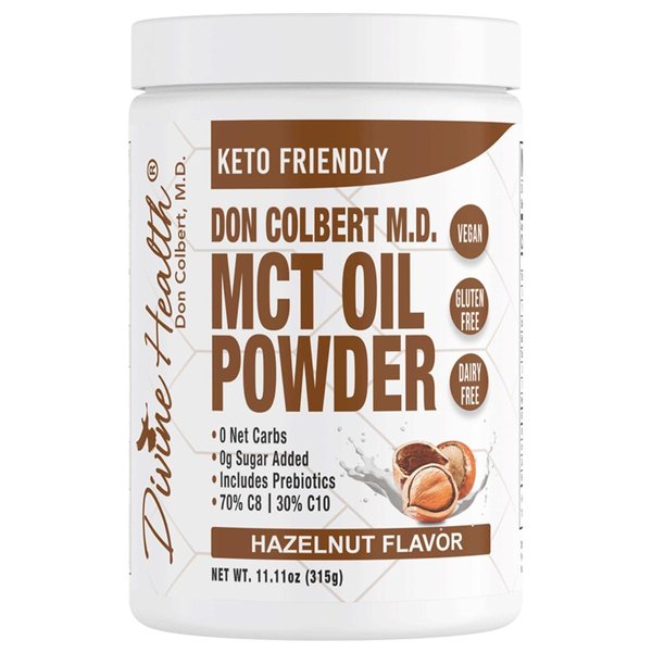 Dr. Colbert MD MCT Oil Powder | Hazelnut Flavor | by Divine Health | Recommended in The Keto Zone Diet book | 70% C8 | 30% C10 | 0 Net Carbs | Alternative to Coffee Creamer | 315g