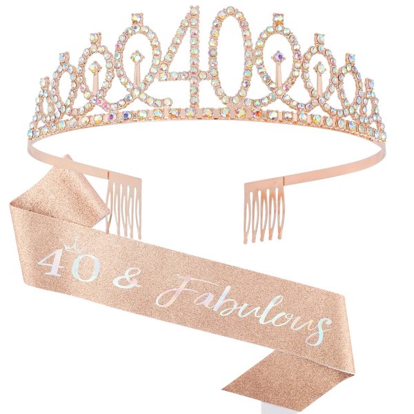 40th Birthday Sash & Rhinestone Crown Kit- Happy 40th Birthday Gifts Women 40th birthday decorations women (AB rose gold)