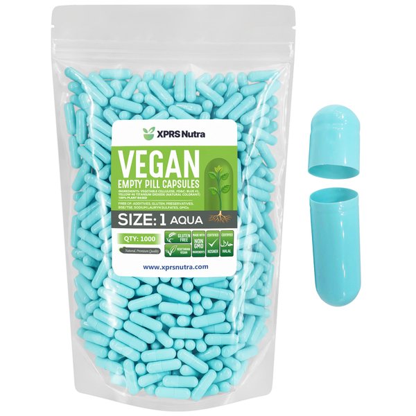 XPRS Nutra Size 1 Empty Capsules - 1000 Count Empty Vegan Capsules - Vegetarian Empty Pill Capsules- DIY Vegetable Capsule Filling- Veggie Pill Capsules Empty Caps (Aqua)