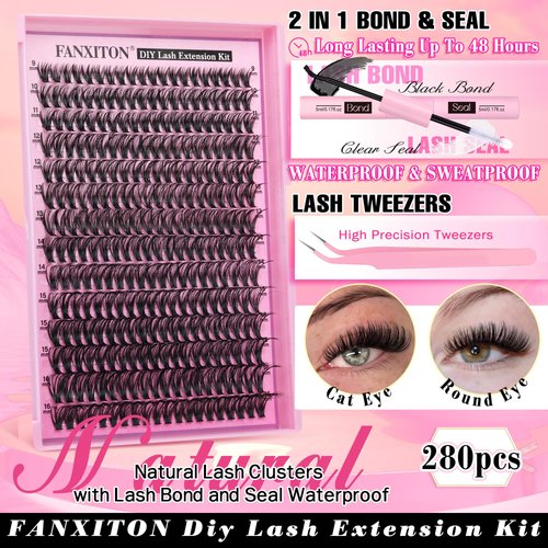 FANXITON DIY Lash Extension Kit 40D D Curl Individual Lashes Lash Clusters Kit Cluster Lashes Lash Bond and Seal and Lash Tweezers for Lash Clusters Kit DIY at Home