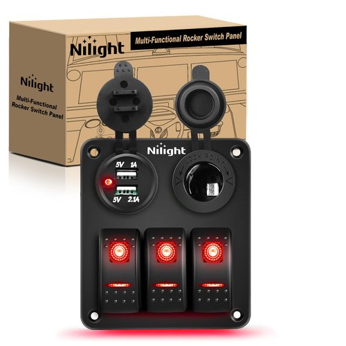 Nilight ３ Gang Rocker Switch Panel with USB Charger and Cigar Lighter 12V 24V Toggle Switch ON Off Rocker Switch Red with Night Glow Stickers for Cars Rvs Trucks,2 Years Warranty