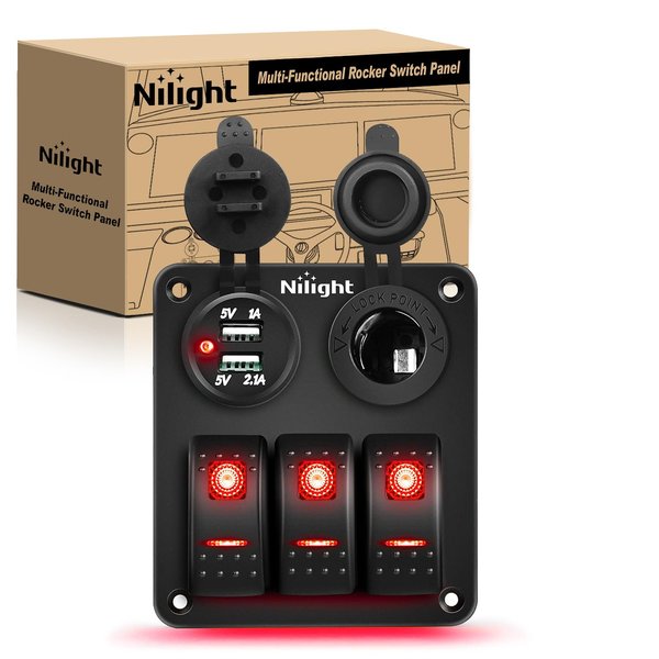 Nilight ３ Gang Rocker Switch Panel with USB Charger and Cigar Lighter 12V 24V Toggle Switch ON Off Rocker Switch Red with Night Glow Stickers for Cars Rvs Trucks,2 Years Warranty