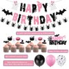 Halloween Birthday Party Decorations, Pink Black Glitter Happy Birthday Banner & Spider Garland, Cute Ghost Cupcake Toppers and Halloween balloons for kids Halloween Birthday,Girl Halloween Birthday